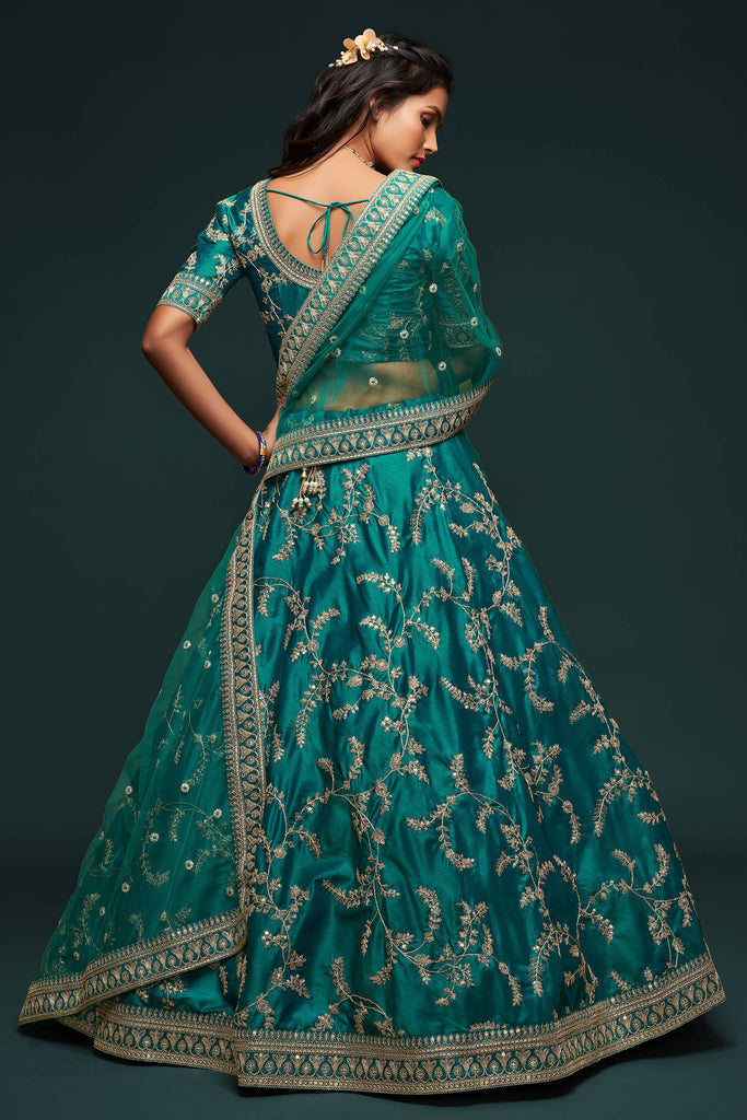 Green Thread Embroidered Silk Wedding Lehenga