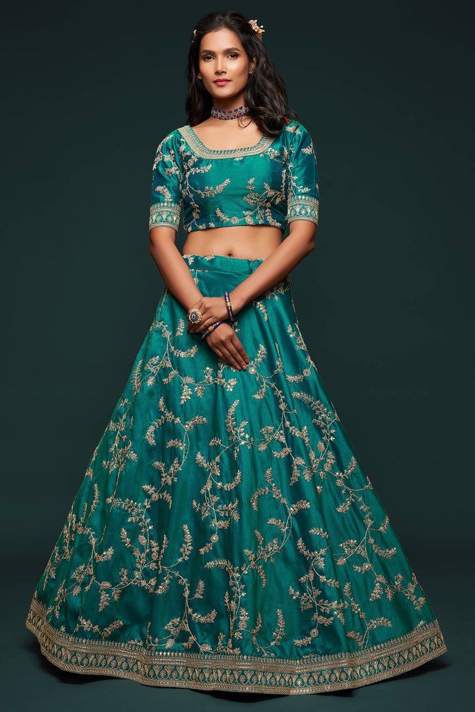 Green Thread Embroidered Silk Wedding Lehenga