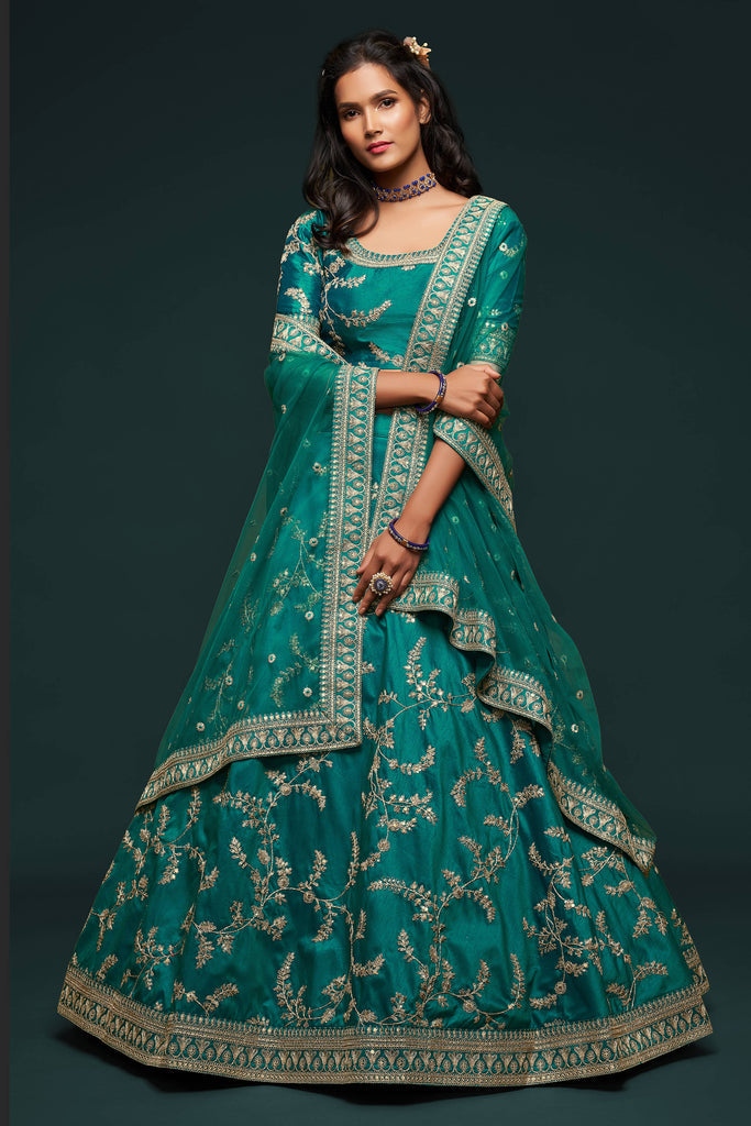 Green Thread Embroidered Silk Wedding Lehenga