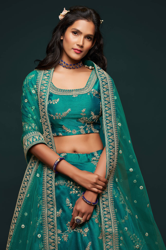 Green Thread Embroidered Silk Wedding Lehenga