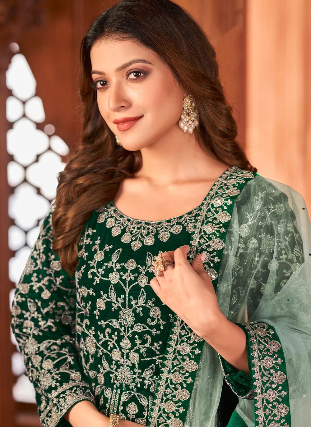 Green Velvet Embroidery Anarkali Salwar aSuit