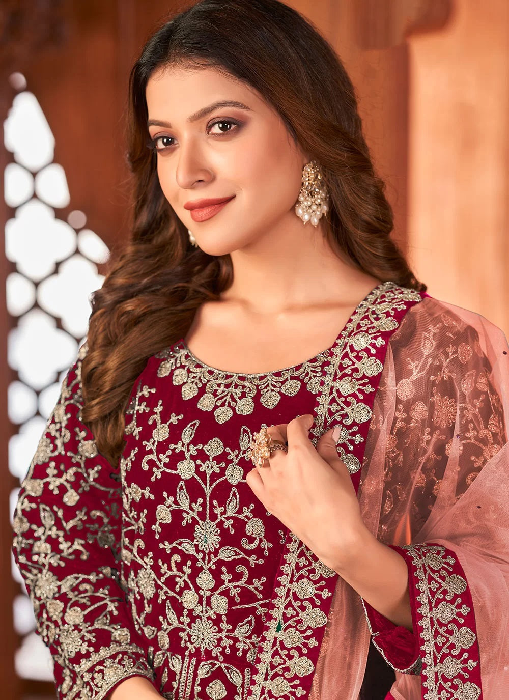 Maroon Embroidered Velvet Wedding Anarkali