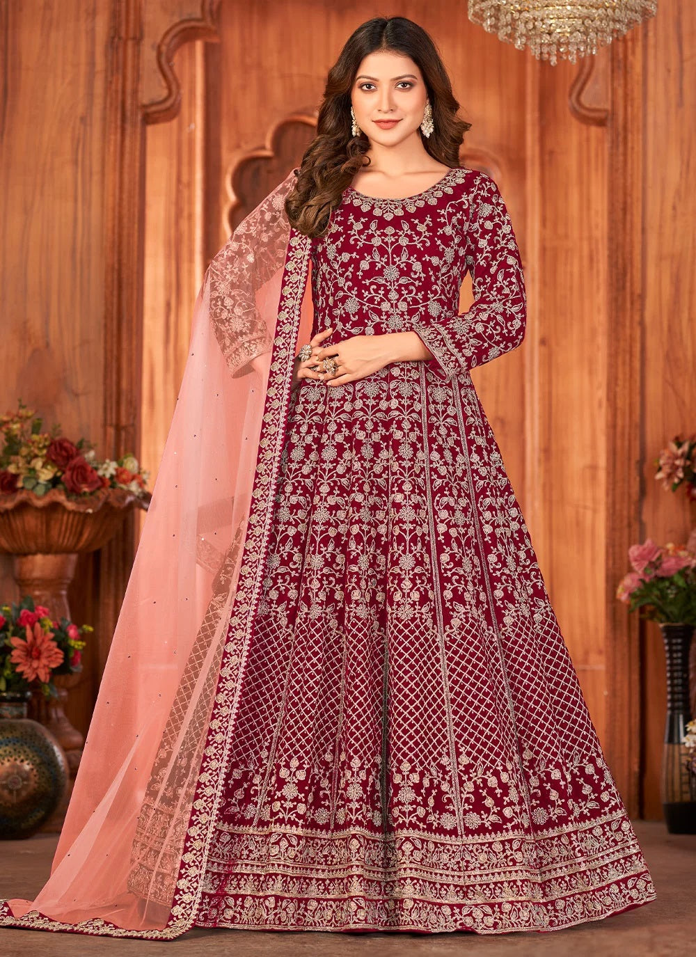 Maroon Embroidered Velvet Wedding Anarkali