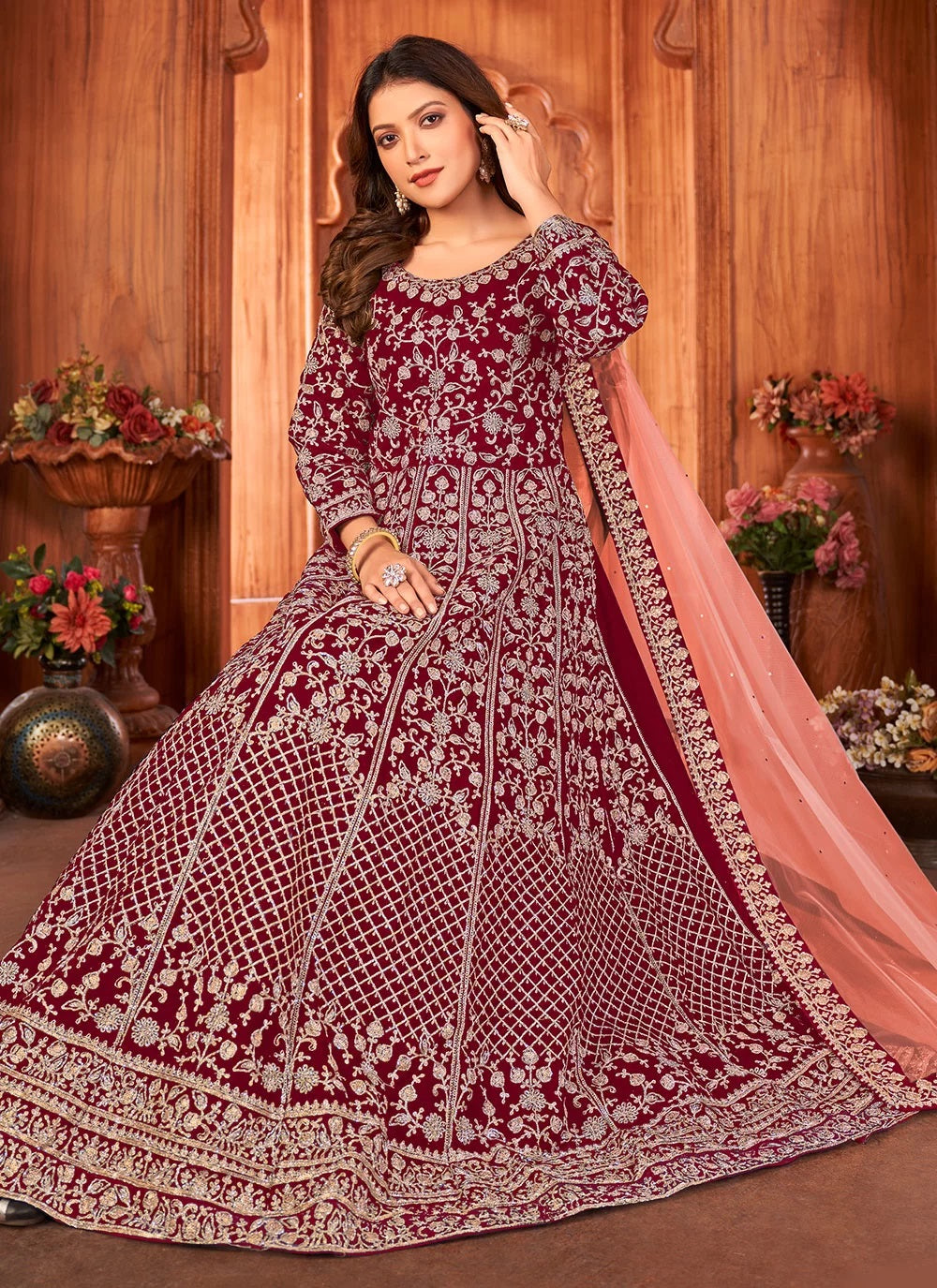 Maroon Embroidered Velvet Wedding Anarkali