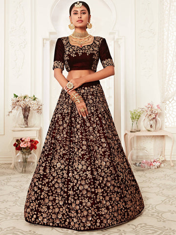 Maroon Embroidery Velvet Indian Lehenga Choli