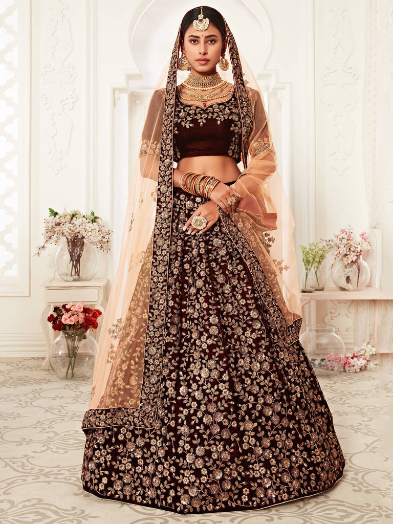 Maroon Embroidery Velvet Indian Lehenga Choli