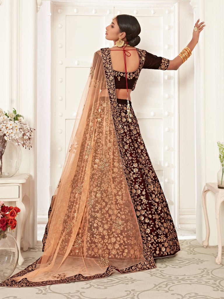 Maroon Embroidery Velvet Indian Lehenga Choli