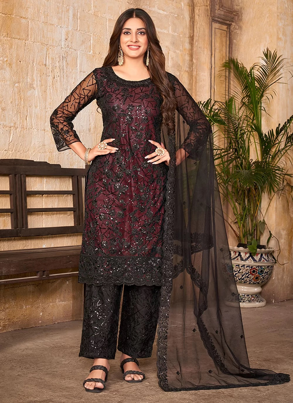 Maroon Sequins Embroidered Net Straight Suit