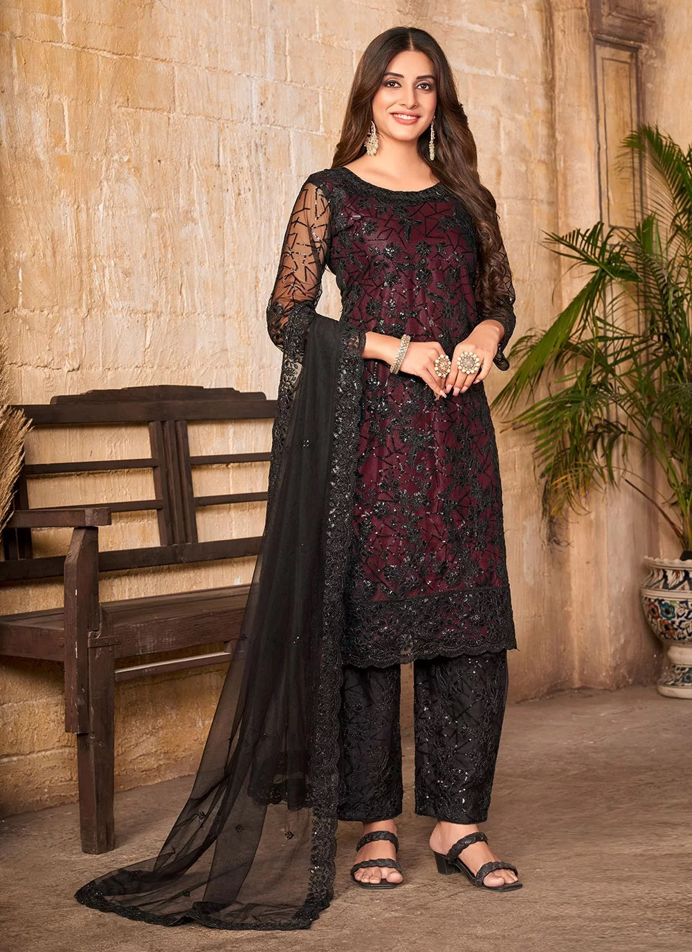 Maroon Sequins Embroidered Net Straight Suit