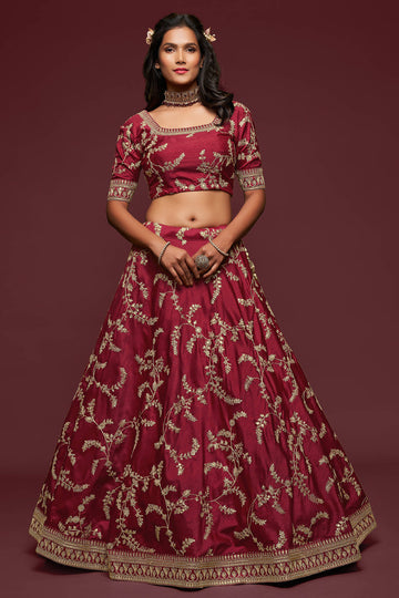 Maroon Thread Embroidered Silk Wedding Wear Lehenga Choli