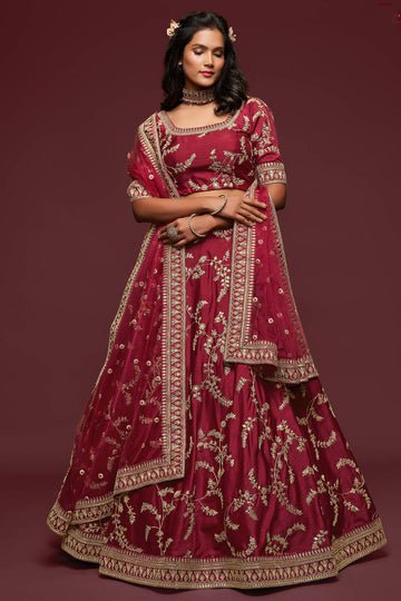 Maroon Thread Embroidered Silk Wedding Wear Lehenga Choli