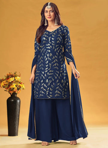 Navy Blue Affordable Pure Faux Georgette Readymade Palazzo Salwar Suit 