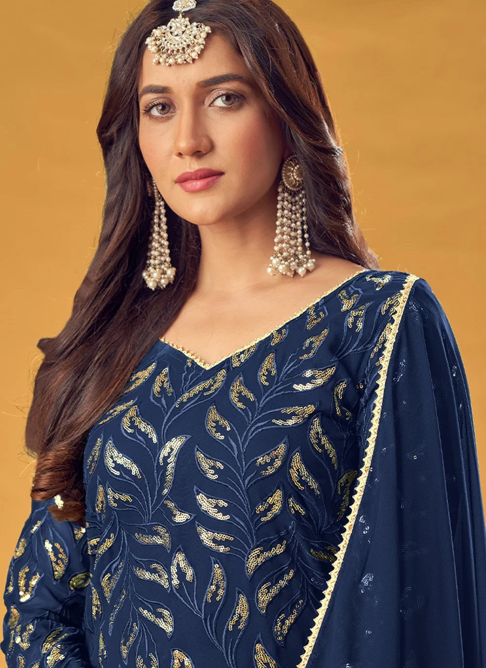 Navy Blue Affordable Pure Faux Georgette Readymade Palazzo Salwar Suit 