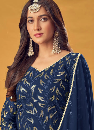 Navy Blue Affordable Pure Faux Georgette Readymade Palazzo Salwar Suit