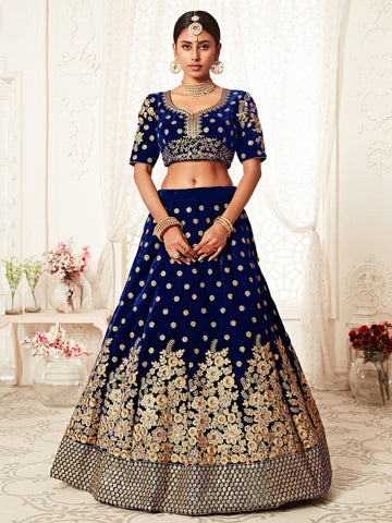 Navy Blue Floral Embroidery Velvet Bridal Lehenga