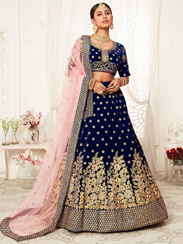 Navy Blue Floral Embroidery Velvet Bridal Lehenga