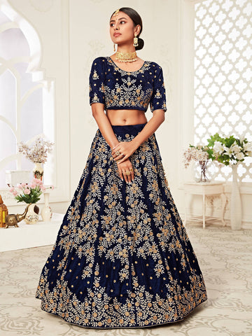 Navy Blue Heavily Embroidery Velvet Wedding Lehenga Choli