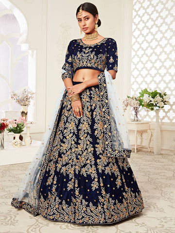 Navy Blue Heavily Embroidery Velvet Wedding Lehenga Choli