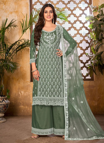 Net Green Color Embroidered Salwar Kameez