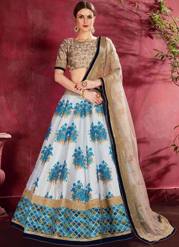 Off White and Blue Digital Printed Art Silk Lehenga