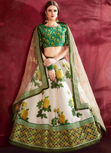 Off White and Olive Green Art Silk Lehenga