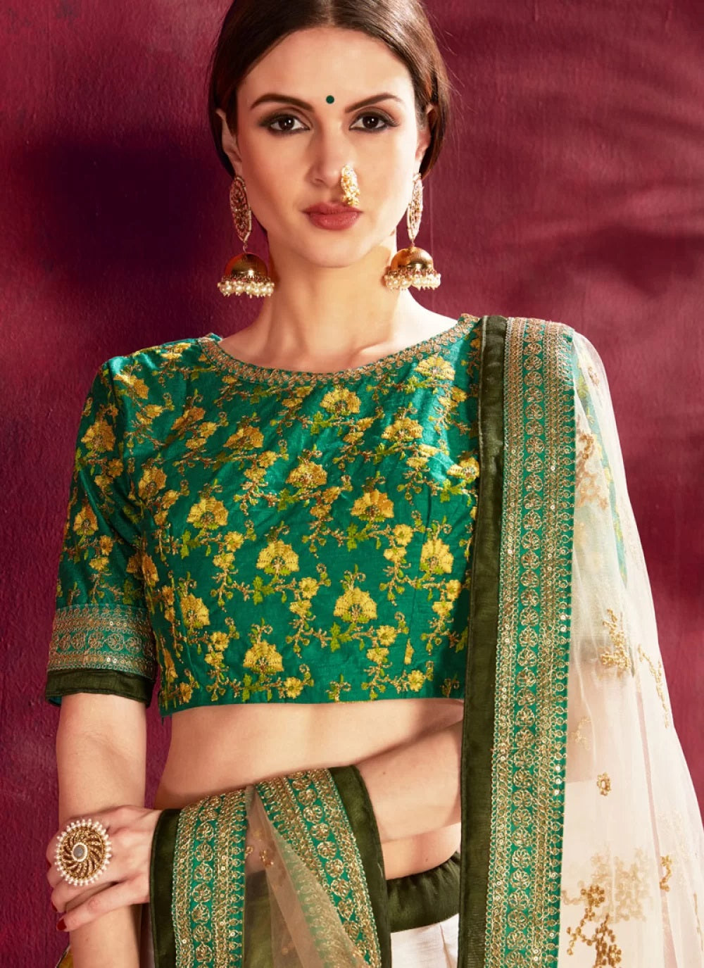 Off White and Olive Green Art Silk Lehenga