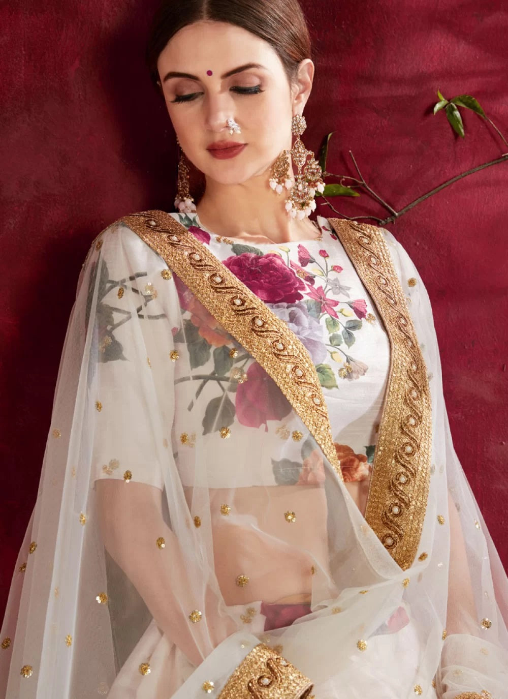 Off White Digital Printed Art Silk Lehenga 