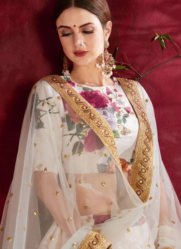 Off White Digital Printed Art Silk Lehenga