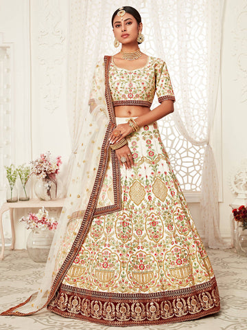 Off White Heavily Embroidery Silk Bridal Lehenga