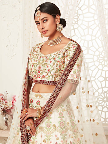 Off White Heavily Embroidery Silk Bridal Lehenga