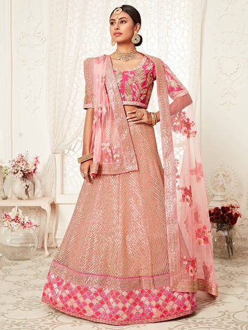 Pink Embroidered Net Wedding Lehenga Choli 