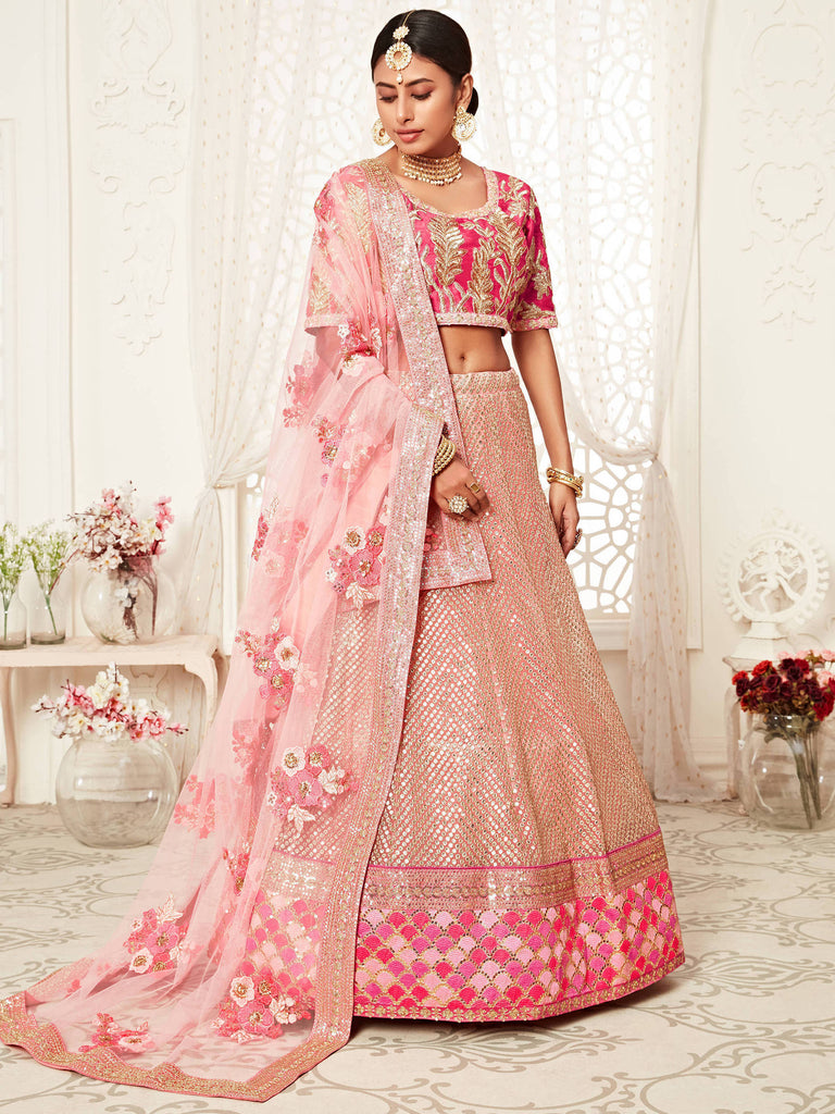 Pink Embroidered Net Wedding Lehenga Choli 