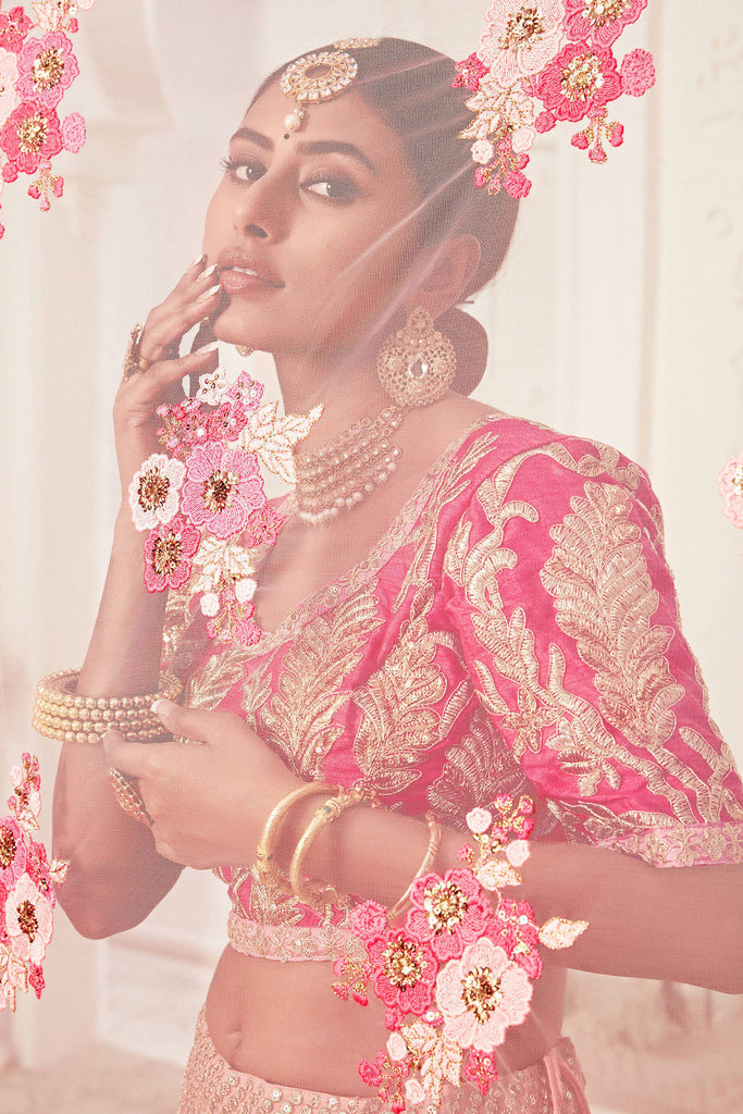 Pink Embroidered Net Wedding Lehenga Choli 