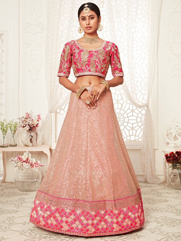 Pink Embroidered Net Wedding Lehenga Choli 