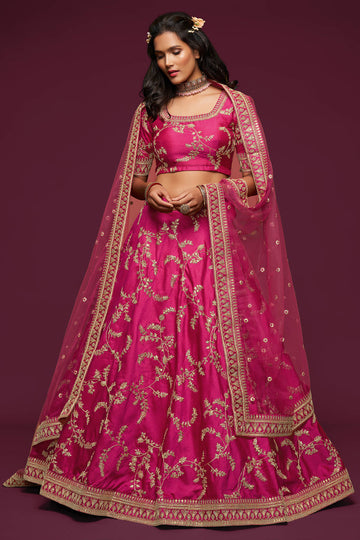 Pink Embroidered Silk Wedding Wear Lehenga