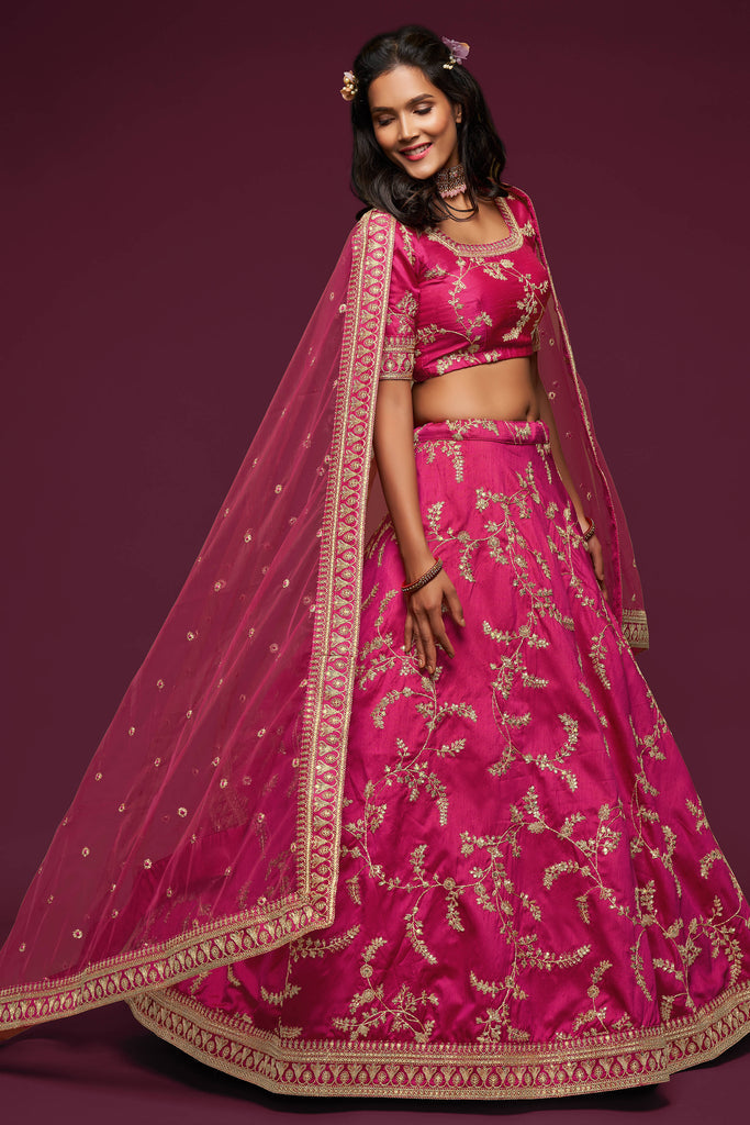 Pink Embroidered Silk Wedding Wear Lehenga