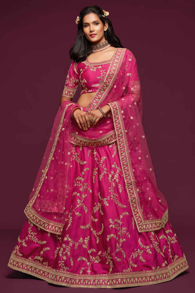 Pink Embroidered Silk Wedding Wear Lehenga