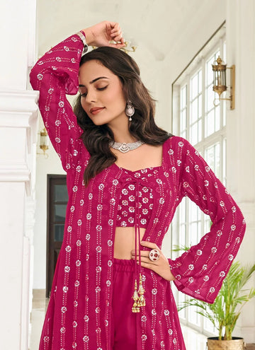 Pink Georgette Embroidered Palazzo Style Suit