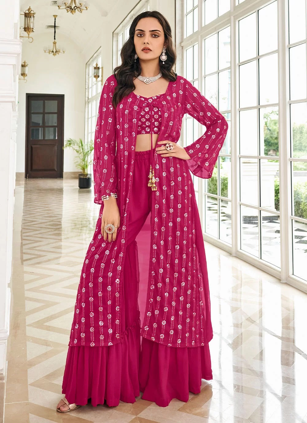 Pink Georgette Embroidered Palazzo Style Suit