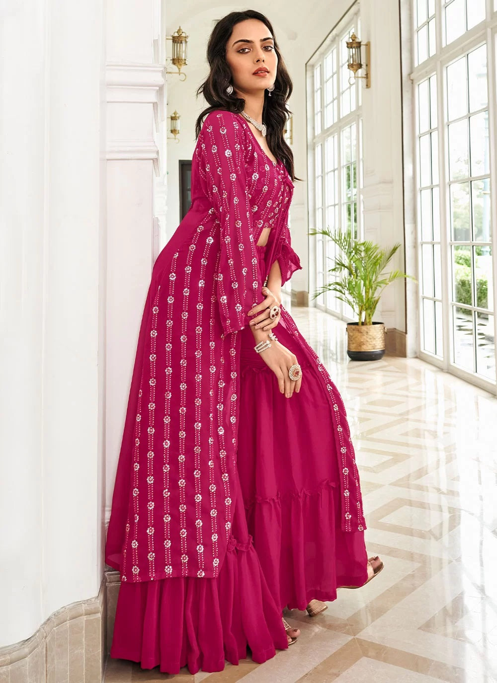 Pink Georgette Embroidered Palazzo Style Suit