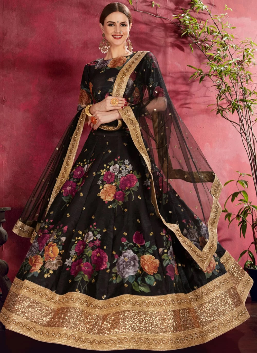 Black Digital Printed Art Silk Lehenga