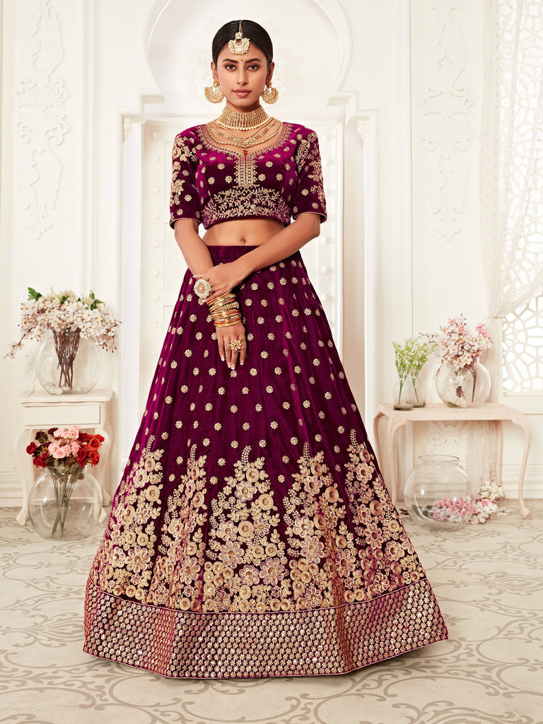 Purple Floral Embroidery Velvet Lehenga Choli 