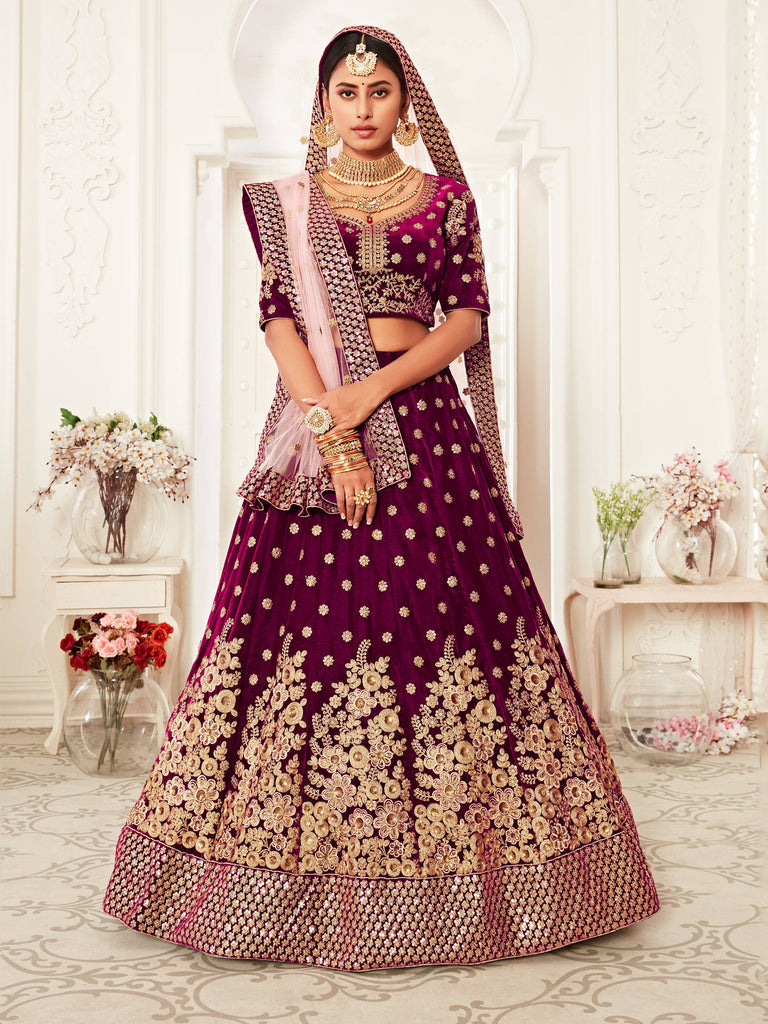 Purple Floral Embroidery Velvet Lehenga Choli 