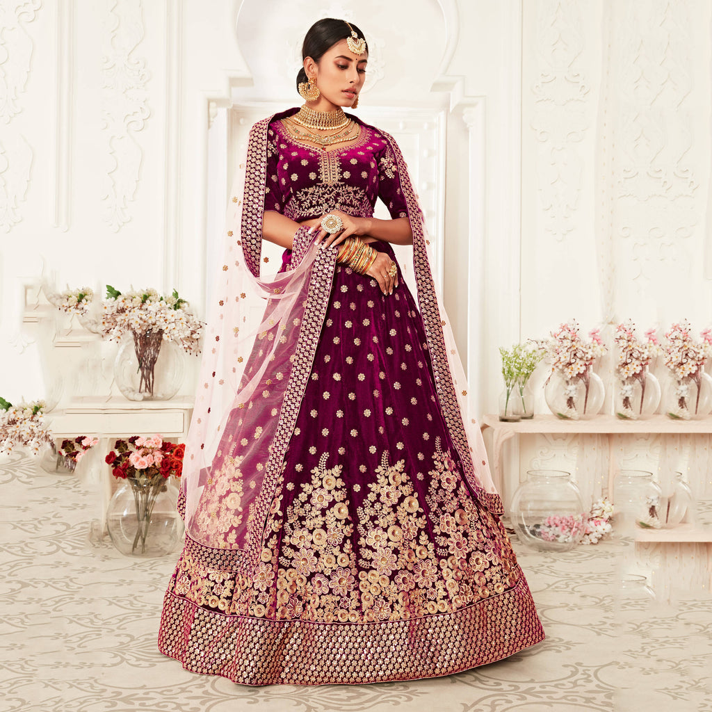 Purple Floral Embroidery Velvet Lehenga Choli 