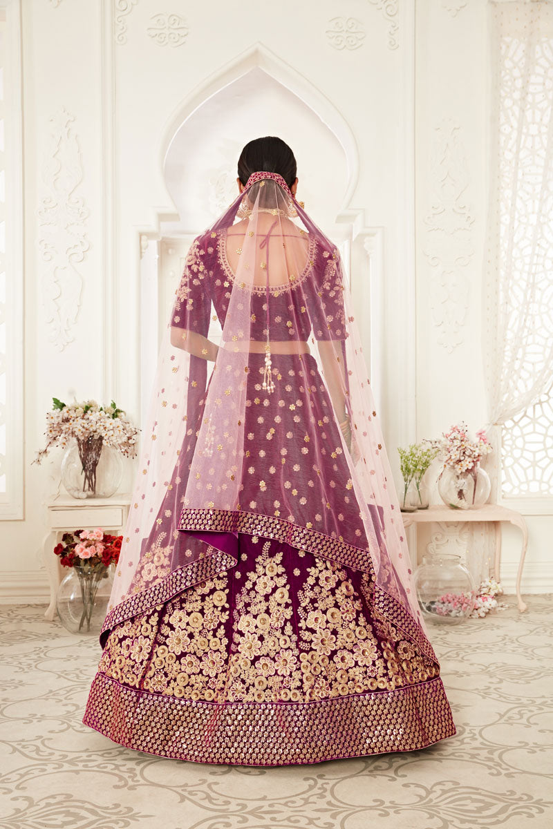 Purple Floral Embroidery Velvet Lehenga Choli 