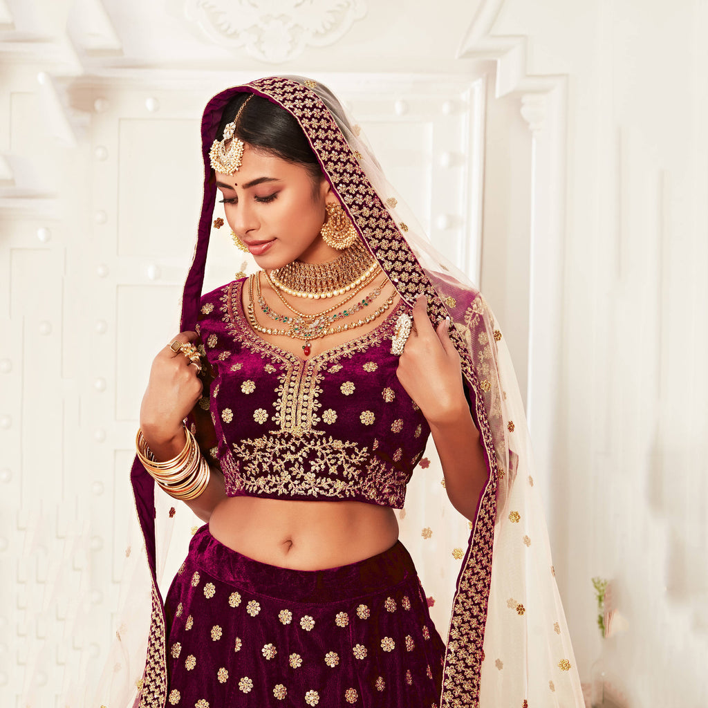 Purple Floral Embroidery Velvet Lehenga Choli 