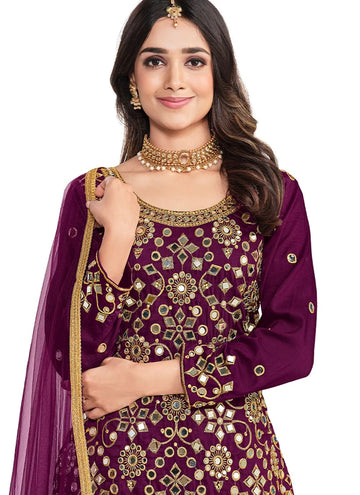 Purple Silk Mirror Work Indian Punjabi Suit