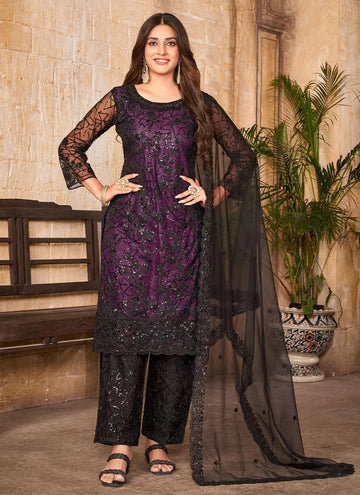 Purple Straight Cord Net Salwar Suit