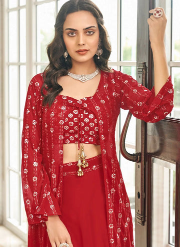 Red Embroidered Georgette Readymade Indian Lehenga