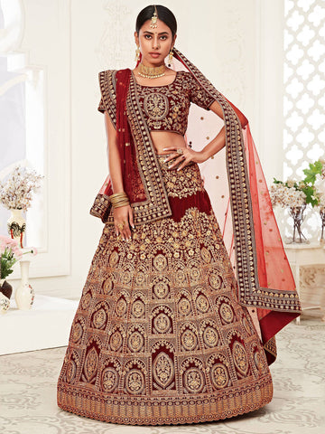 Red Sequins Velvet Bridal Lehenga Choli With Dupatta